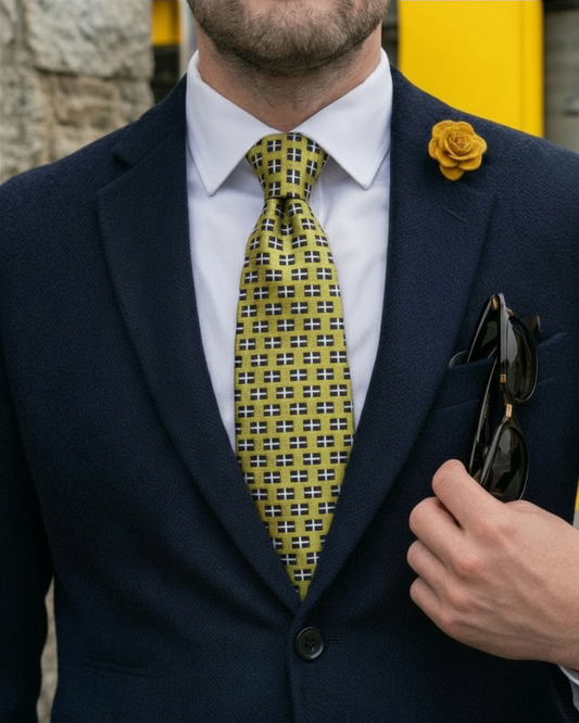 Man wearing a navy suit with a gold Cornish Flag Tie patterned tie and a yellow flower pin, holding sunglasses.